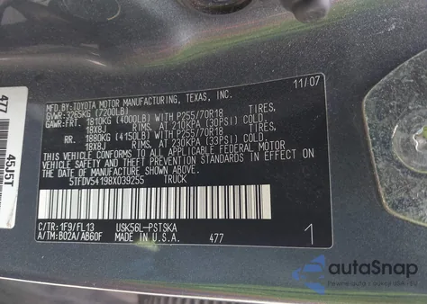 2008 Toyota Tundra Sr5 5.7L V8 из США, поврежденный, VIN 5TFDV54198X039255